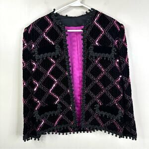 Vintage Jill Richards Blazer Black Pink Velvet Sequins Open Front Jacket M/L?